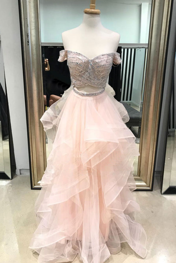 Pink two pieces beads tulle long prom dress, pink evening dress
