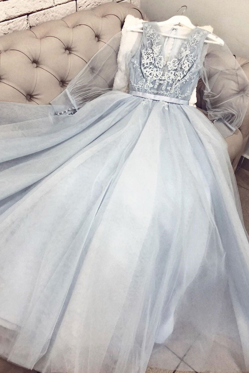Blue v neck tulle lace long prom dress, blue evening dress
