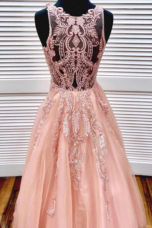 Unique pink round neck tulle lace long prom dress, pink tulle formal dress