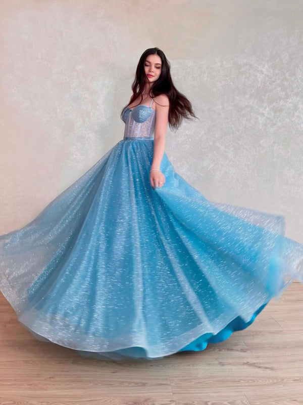Blue sweetheart neck tulle sequin long prom dress, blue evening dress
