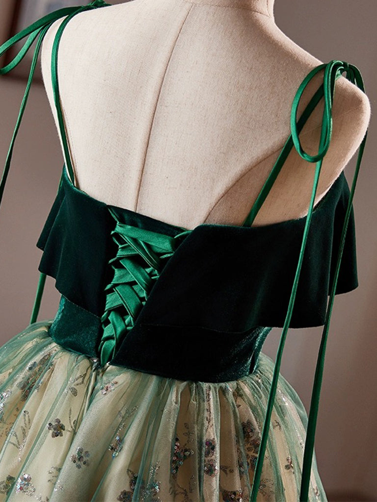 A-Line Velvet Tulle Sequin Lace Short Green Homecoming Dress, Green Party Dress