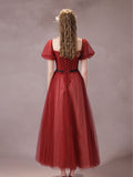 A-Line Burgundy Tulle Tea Length Prom Dress, Burgundy Formal Dress