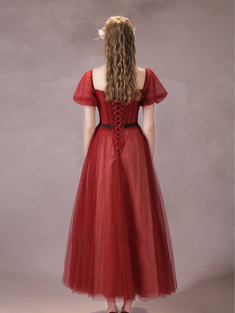 A-Line Burgundy Tulle Tea Length Prom Dress, Burgundy Formal Dress