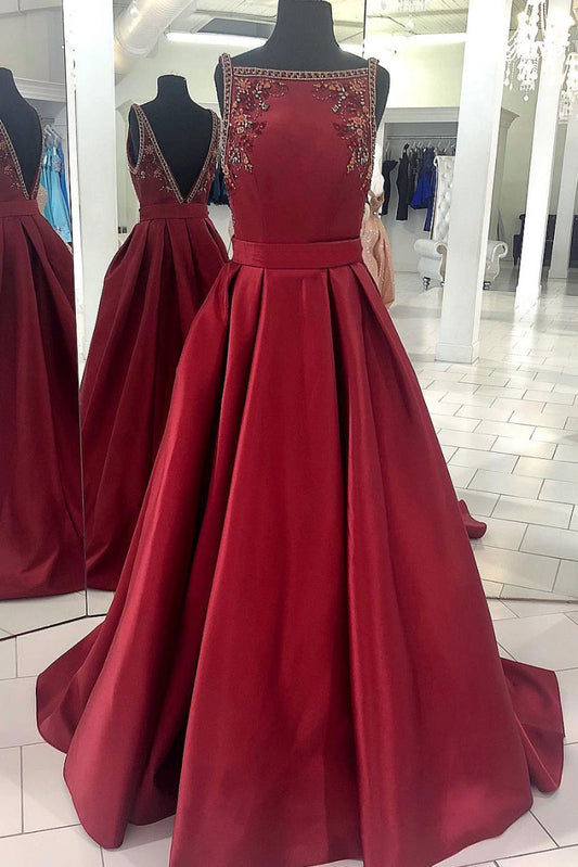 Burgundy satin long prom dress, burgundy satin evening dress
