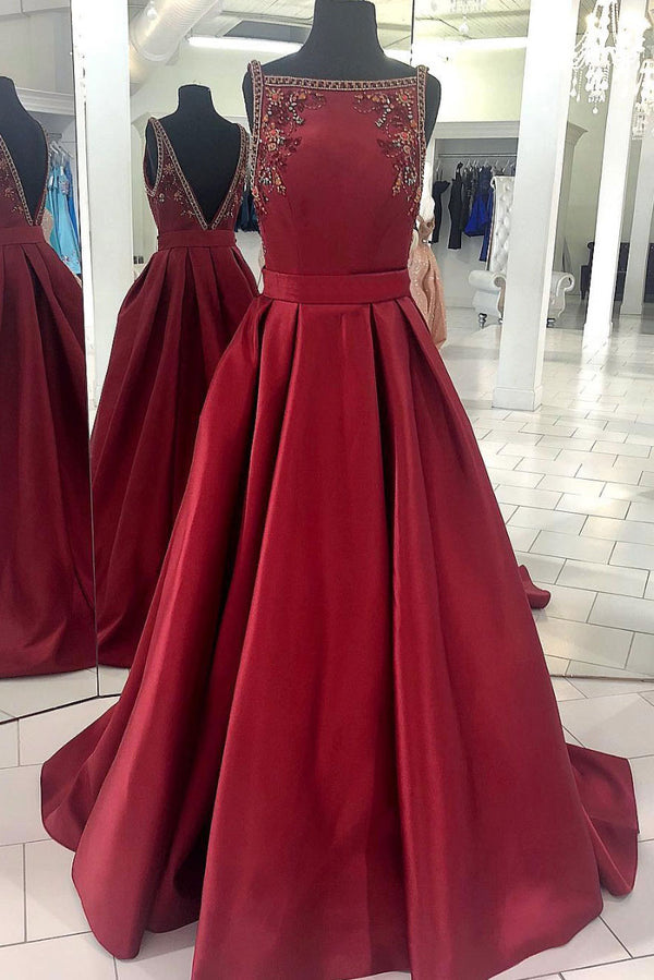 Burgundy satin long prom dress, burgundy satin evening dress