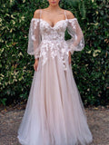Elegant long sleeves tulle lace long prom dress, lace evening dress