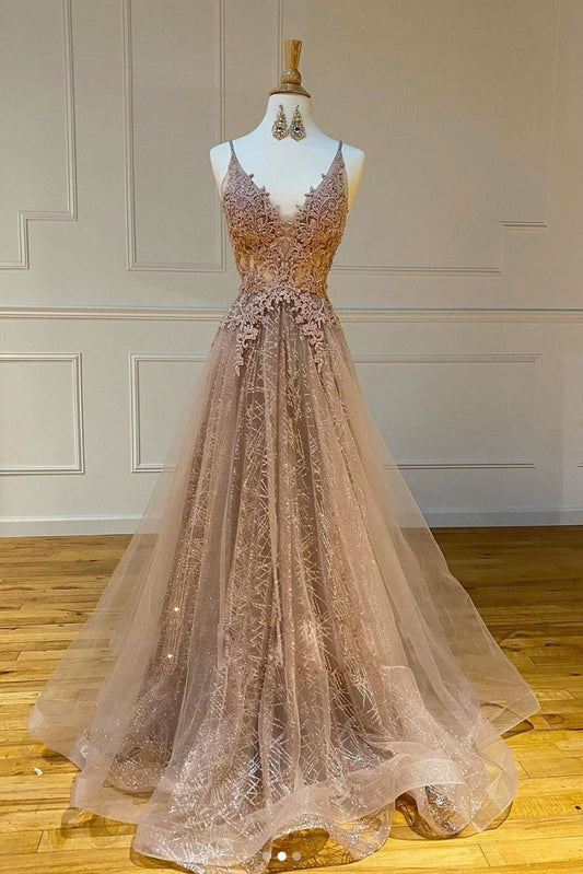 Champagne v neck tulle lace long prom dress champagne evening dress