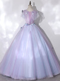 A-Line Round Neck Tulle Purple Long Prom Dress, Purple Formal Dress