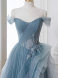 Gray Blue A-Line Lace Long Prom Dress, Gray Blue Formal Evening Dress