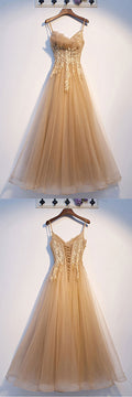 Champagne tulle lace long prom dress tulle lace formal dress