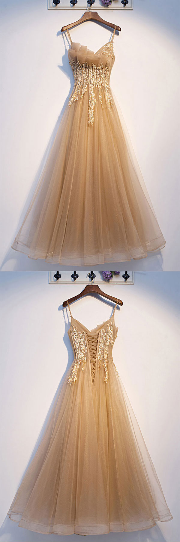 Champagne tulle lace long prom dress tulle lace formal dress