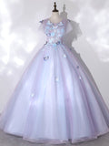 A-Line Round Neck Tulle Purple Long Prom Dress, Purple Formal Dress