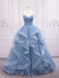 Blue tulle v neck sequin long prom dress, blue sweet 16 dress