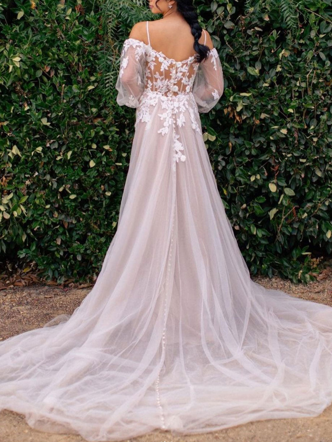 Elegant long sleeves tulle lace long prom dress, lace evening dress