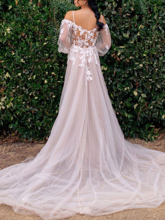 Elegant long sleeves tulle lace long prom dress, lace evening dress