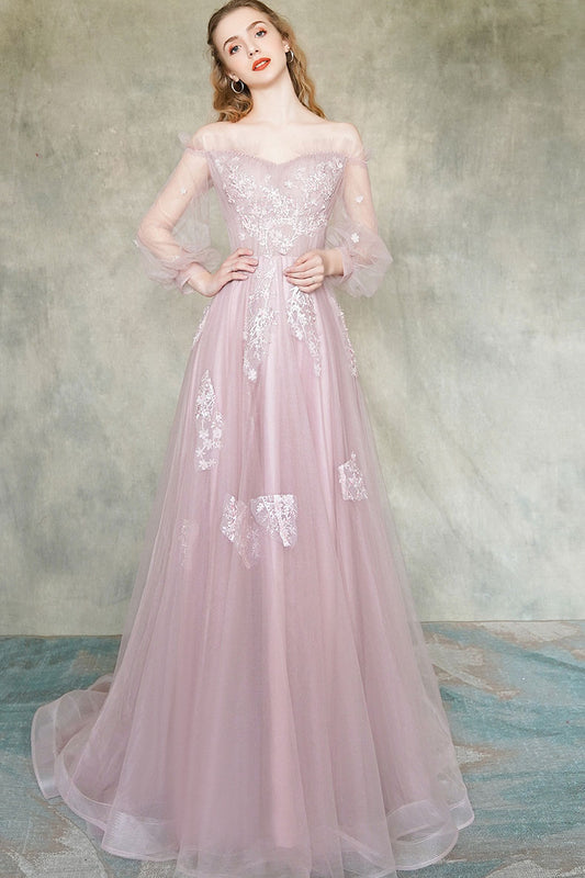 Pink tulle lace long prom dress pink tulle formal dress