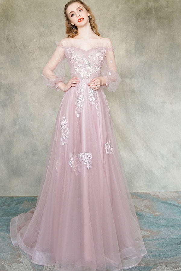 Pink tulle lace long prom dress pink tulle formal dress