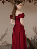 A-Line Off Shoulder Satin Tea Length Burgundy Prom Dress, Burgundy Formal Dress