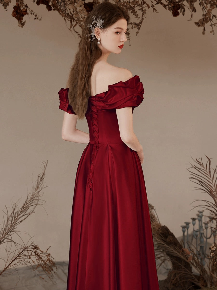 A-Line Off Shoulder Satin Tea Length Burgundy Prom Dress, Burgundy Formal Dress
