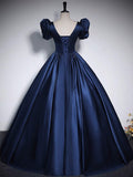 Dark Blue Satin Long Prom Dress, Dark Blue Satin Long Evening Dress