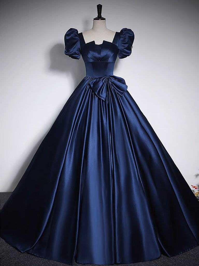 Dark Blue Satin Long Prom Dress, Dark Blue Satin Long Evening Dress