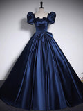 Dark Blue Satin Long Prom Dress, Dark Blue Satin Long Evening Dress