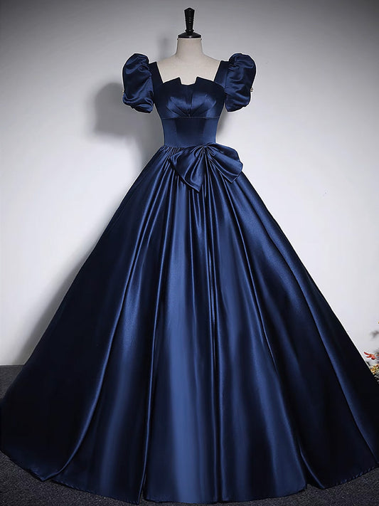 Dark Blue Satin Long Prom Dress, Dark Blue Satin Long Evening Dress