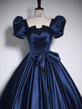 Dark Blue Satin Long Prom Dress, Dark Blue Satin Long Evening Dress