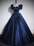Dark Blue Satin Long Prom Dress, Dark Blue Satin Long Evening Dress