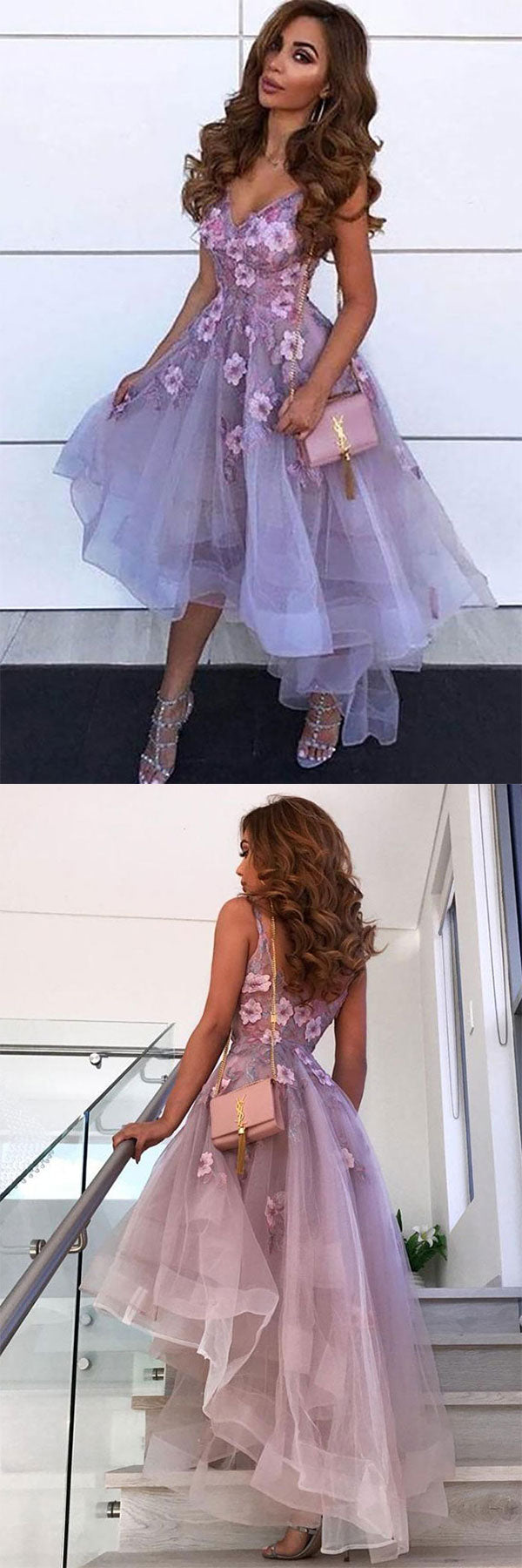 Purple tulle lace high neck prom dress lace homecoming dress