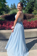 Blue v neck tulle long prom dress blue evening dress