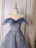 Blue tulle sequin long prom dress, blue tulle formal dress