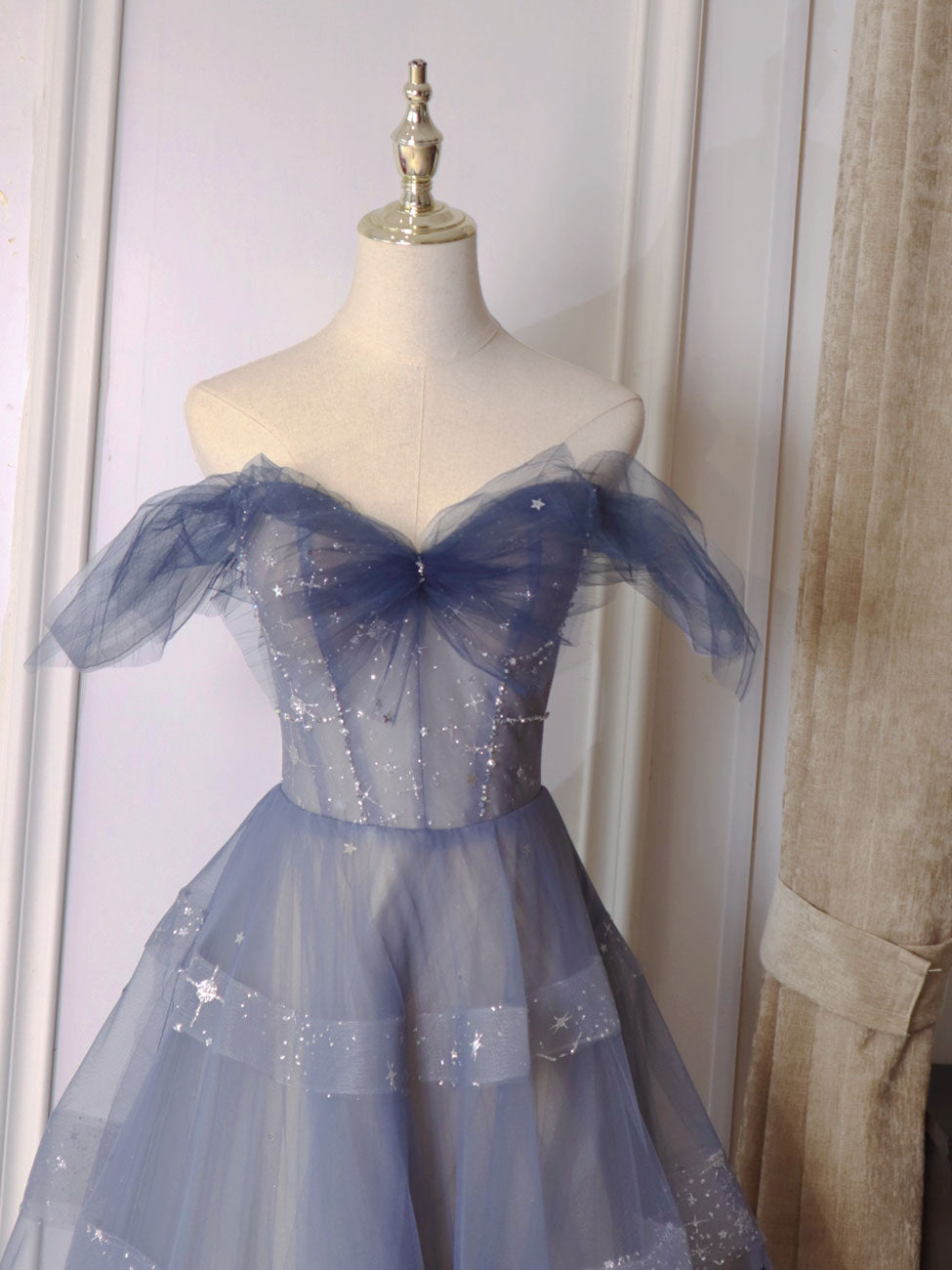 Blue tulle sequin long prom dress, blue tulle formal dress