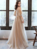 Champagne v neck tulle long prom dress, champagne evening dress