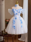 A-Line Off Shoulder Tulle Lace Applique White Prom Dress, White Homecoming Dress
