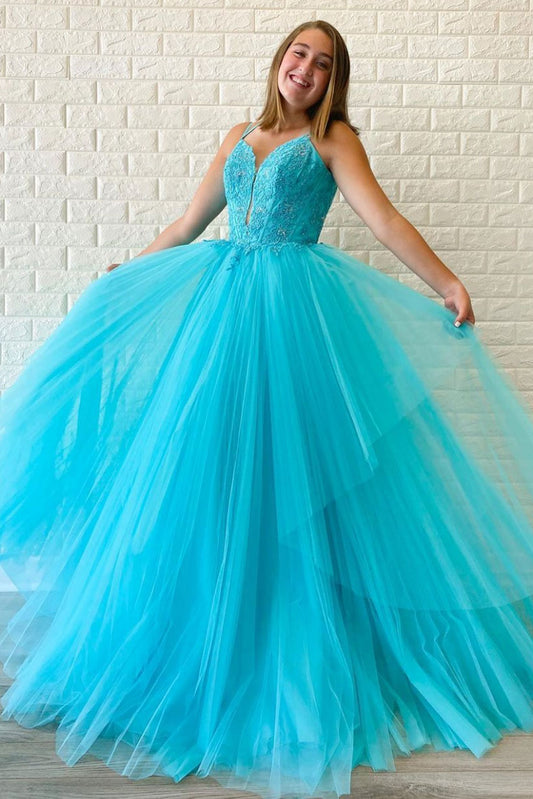 Blue v neck tulle long prom dress blue tulle formal dress