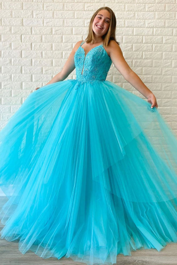 Blue v neck tulle long prom dress blue tulle formal dress
