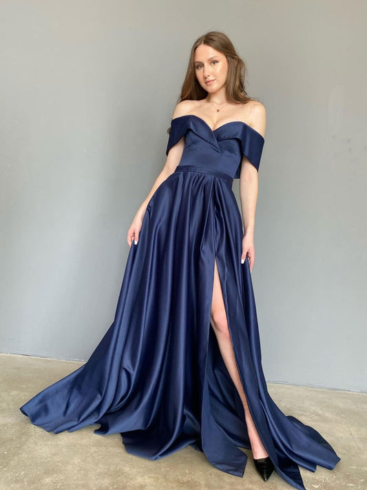 Simple blue off shoulder satin long prom dress, blue evening dress