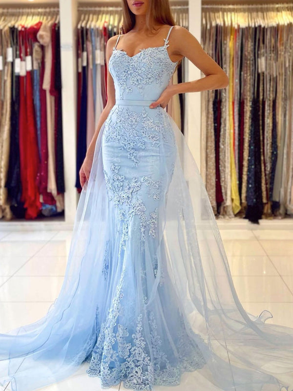 Blue mermaid lace tulle long prom dress, blue evening dress