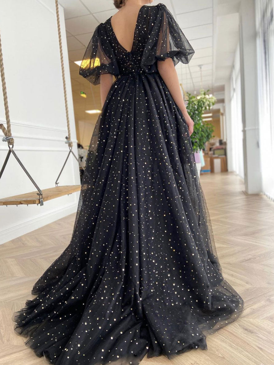 Black v neck tulle long prom dress, black evening dress