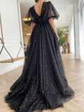 Black v neck tulle long prom dress, black evening dress