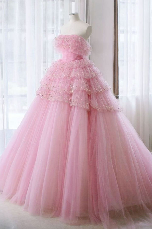 Pink tulle lace long prom dress pink tulle evening dress