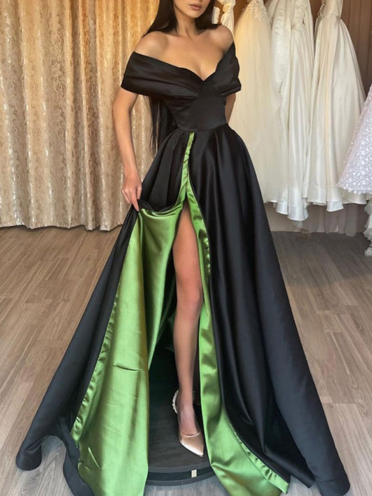 Simple black satin off shoulder long prom dress, black evening dress