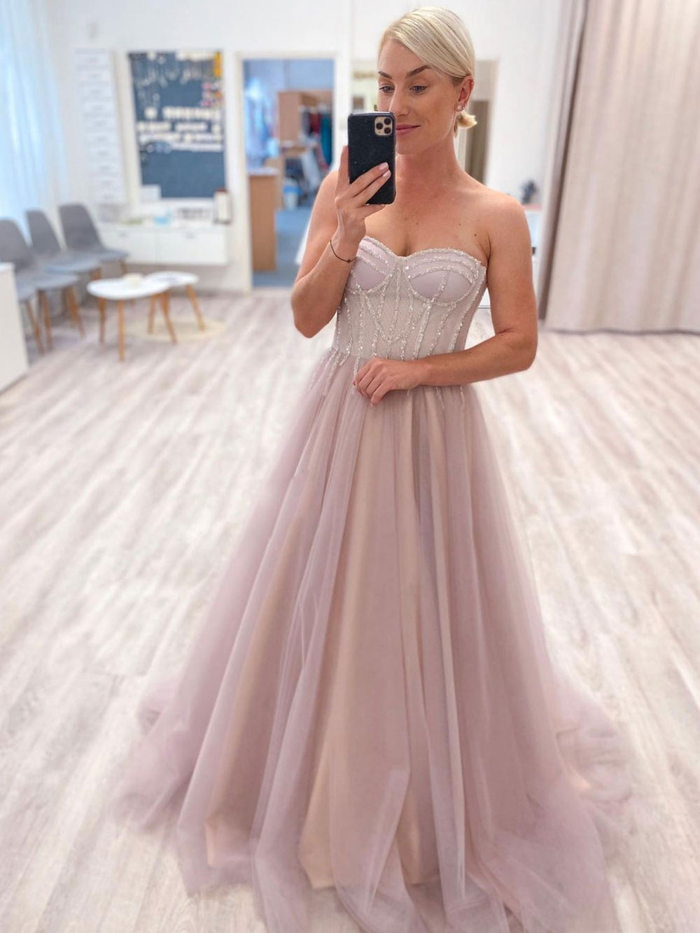 Pink sweetheart neck tulle long prom dress, pink tulle formal dress