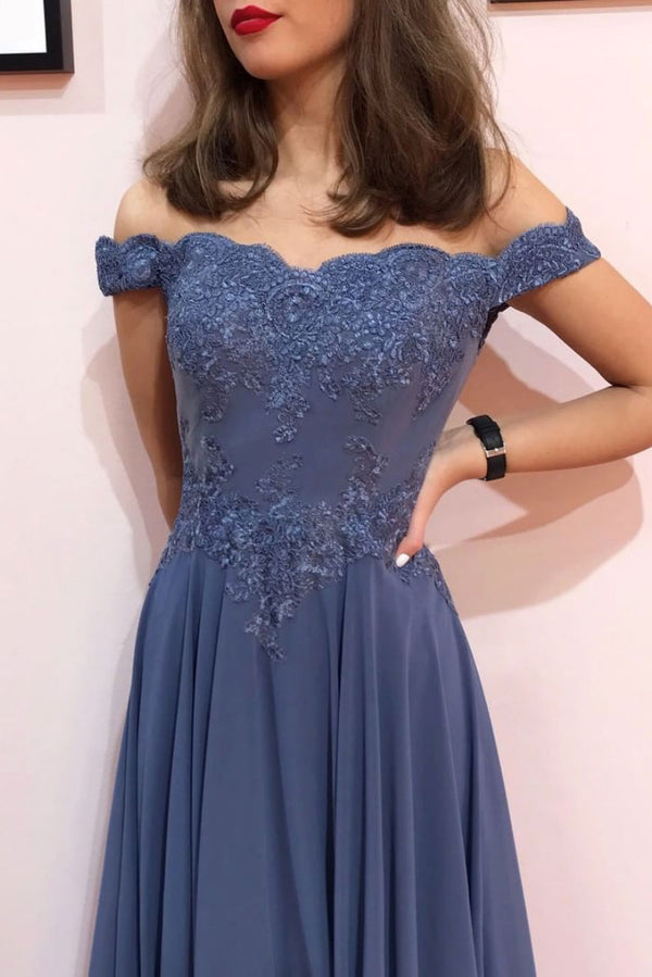 Blue off shoulder chiffon lace long prom dress blue formal dress