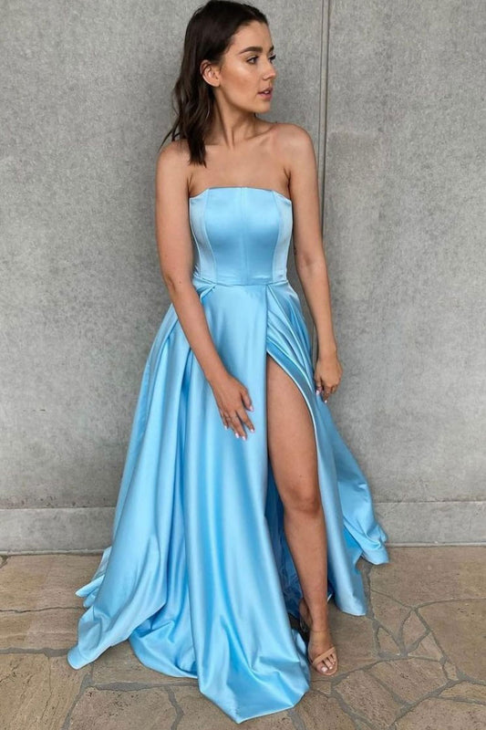 Simple blue satin long prom dress blue bridesmaid dress