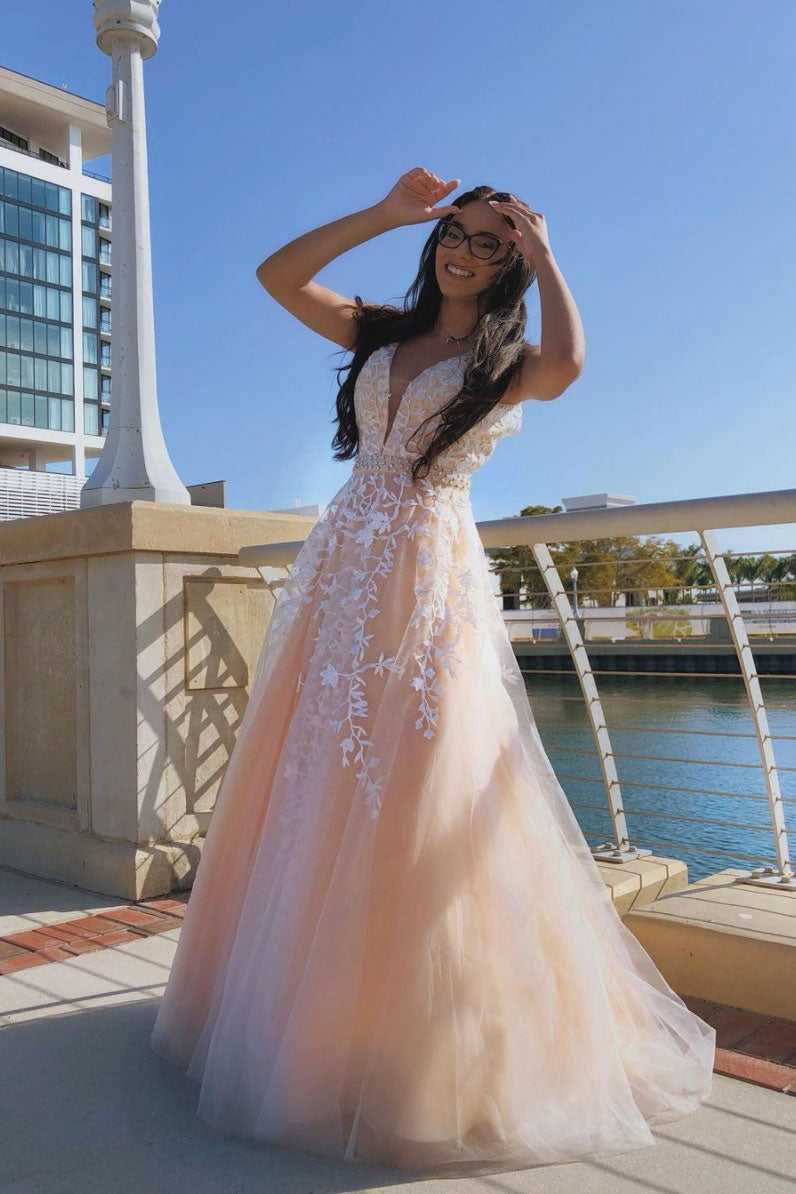 Pink v neck tulle lace long prom dress pink tulle. formal dress