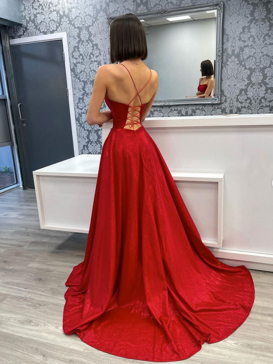 Simple  burgundy satin long prom dress, evening dress