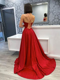 Simple  burgundy satin long prom dress, evening dress