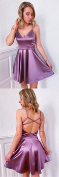 Simple purple v neck satin short prom dress homecoming dress